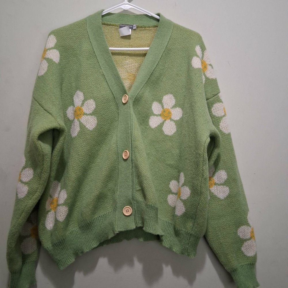 Earthbound Trading Co Green Daisy Floral Cardigan Sweater XXL V-Neck Boho